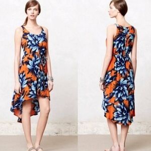 Anthropologie Maeve High Low Blue & Orange Floral Midi Dress Size 2